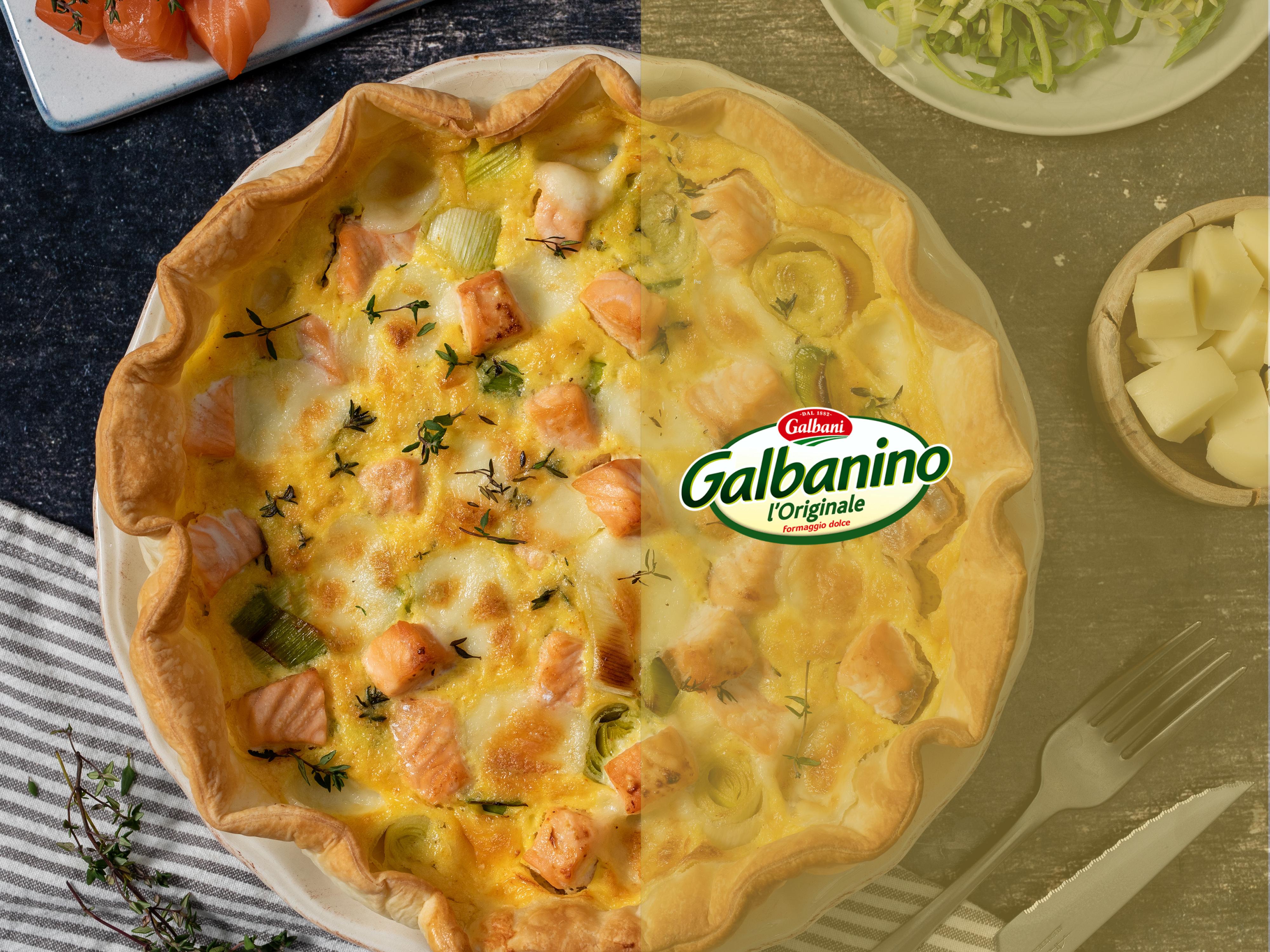 Torta salata con con porri, salmone e Galbanino